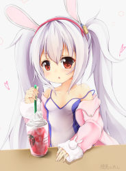 Rule 34 | 1girl, animal ears, azur lane, bare shoulders, blush, camisole, collarbone, commentary request, fur-trimmed sleeves, fur trim, hair between eyes, hair ornament, hairband, hand up, heart, jacket, laffey (azur lane), long hair, long sleeves, looking away, maru shion, open clothes, open jacket, parted lips, pink jacket, rabbit ears, red eyes, red hairband, silver hair, sitting, sleeves past wrists, solo, strap slip, table, twintails, very long hair, white camisole