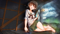 Rule 34 | 1girl, barefoot, blush, bottle, breasts, brown eyes, brown hair, cameltoe, collarbone, girls und panzer, green skirt, highres, holding, holding bottle, impossible clothes, leaning to the side, looking at viewer, megadeko, microskirt, navel, ooarai school uniform, open mouth, outdoors, pleated skirt, rain, sawa azusa, school uniform, shiny skin, short hair, sitting, skirt, small breasts, smile, socks, unworn socks, solo, water, wet, wet clothes, wet hair, yokozuwari