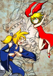 Rule 34 | 1boy, 1girl, banjirou (kusa), blonde hair, blue eyes, blush, bow, china dress, chinese clothes, confrontation, detached sleeves, dragon, drama layer, dress, eastern dragon, emphasis lines, fighting, fighting stance, grin, hair bow, hair ornament, hair ribbon, kagamine len, kagamine rin, open mouth, ponytail, ribbon, short hair, smile, teeth, tiger, vocaloid