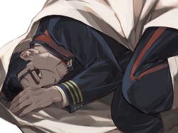 Rule 34 | 1boy, black eyes, black hair, closed mouth, cloth, facial hair, scar on face, goatee, golden kamuy, hair strand, isa (peien516), legs together, long sleeves, looking at viewer, male focus, military, military uniform, ogata hyakunosuke, one eye covered, scar, scar on cheek, scar on face, shirt, short hair, simple background, solo, uniform