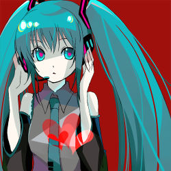 Rule 34 | bad id, bad pixiv id, detached sleeves, green eyes, green hair, hatsune miku, headphones, heart, heart on chest, kintaro, long hair, lowres, microphone, necktie, solo, twintails, vocaloid