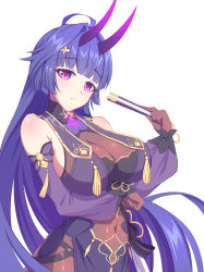 Rule 34 | 1girl, absurdres, antenna hair, arm under breasts, bare shoulders, breasts, china dress, chinese clothes, chopsticks, cleavage, dress, hair between eyes, hair ornament, highres, holding, holding chopsticks, honkai (series), honkai impact 3rd, horns, long hair, open mouth, phantom racher, purple dress, purple eyes, purple hair, purple sleeves, raiden mei, raiden mei (herrscher of thunder), sleeveless, sleeveless dress, solo, teeth, white background