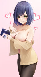 Rule 34 | 1girl, absurdres, black pantyhose, blue hair, brand name imitation, breasts, cardigan, character doll, character name, controller, game controller, hand on own chest, heart, highres, holding, holding controller, holding game controller, charm (object), large breasts, long sleeves, looking at viewer, nijisanji, no bra, off shoulder, open cardigan, open clothes, pantyhose, parted lips, playstation controller, shizuka rin, short hair, smile, solo, standing, undressing, virtual youtuber, yellow cardigan, yellow eyes, zah takara