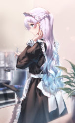 Rule 34 | 1girl, absurdres, apron, black dress, blue eyes, blue hair, blush, braid, closed mouth, cooking, cooking pot, cowboy shot, dress, eshineko, frilled apron, frills, from side, frying pan, gradient hair, hair ornament, hairclip, highres, indoors, juliet sleeves, long sleeves, maid, maid headdress, multicolored hair, original, pink hair, plant, potted plant, profile, puffy sleeves, ribbon, smile, solo, steam, white apron, white ribbon
