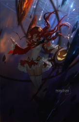 Rule 34 | 00s, 1girl, blurry, breasts, depth of field, detached sleeves, dungeon and fighter, elementalist (dungeon and fighter), closed eyes, garter straps, highres, long hair, mage (dungeon and fighter), magic circle, meteor, red hair, small breasts, solo, staff, swd3e2, white legwear