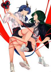 Rule 34 | 2girls, absurdres, alternate costume, arknights, bare legs, black jacket, black skirt, black suit, blue hair, box, breasts, ch&#039;en (arknights), closed mouth, collared shirt, commentary, dragon horns, face-to-face, floating, formal, green eyes, green hair, hair between eyes, heart-shaped box, highres, horns, hoshiguma (arknights), jacket, long hair, long sleeves, looking at another, medium breasts, medium hair, miniskirt, multiple girls, neckerchief, reaching, red eyes, red ribbon, ribbon, shidai, shirt, shoes, simple background, single horn, skin-covered horns, skirt, smile, suit, suspender skirt, suspenders, symbol-only commentary, thighs, twintails, white background, white footwear, white neckerchief, white shirt, wing collar, yuri