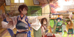 Rule 34 | 10s, 4girls, :d, akagi (kancolle), archery, arrow (projectile), blue hair, bow (weapon), brown hair, closed eyes, gloves, green hair, hiryuu (kancolle), japanese clothes, kaga (kancolle), kantai collection, kyuudou, long hair, looking at viewer, multiple girls, muneate, open mouth, partially fingerless gloves, partly fingerless gloves, personification, petals, quiver, short hair, smile, souryuu (kancolle), spark (sandro), tasuki, thighhighs, weapon, white thighhighs, yugake