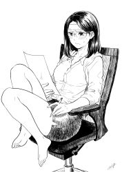 Rule 34 | &gt;:(, 1girl, bad id, bad twitter id, barefoot, blush, breasts, chair, cleavage, commentary request, dress shirt, frown, greyscale, highres, holding, holding paper, holding pencil, medium breasts, medium hair, miniskirt, monochrome, nikaidou kou, office chair, office lady, original, paper, pencil, shirt, signature, simple background, sitting, skirt, solo, sweatdrop, swivel chair, v-shaped eyebrows, white background