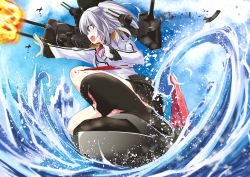 Rule 34 | 10s, 1girl, :d, afloat, bad id, bad pixiv id, blood, blue eyes, blue sky, bruise, cosmicsnic, day, epaulettes, firing, from below, gloves, injury, kantai collection, kashima (kancolle), long hair, looking away, machinery, ocean, open mouth, pleated skirt, silver hair, skirt, sky, smile, solo, turret, twintails, white gloves
