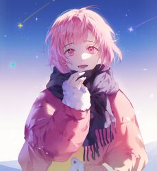 Rule 34 | 1girl, absurdres, bob cut, commentary request, hand up, highres, korean commentary, long sleeves, looking at viewer, lower teeth only, mop 0211, ootori emu, open mouth, pink eyes, pink hair, project sekai, scarf, short hair, solo, star (sky), teeth, upper body, winter