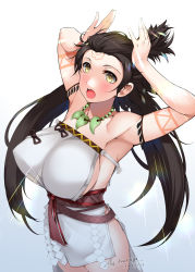 Rule 34 | 1girl, armpits, arms up, bare shoulders, body markings, breasts, brown eyes, brown hair, cleavage, dress, facial mark, fate/grand order, fate (series), forehead, forehead mark, highres, himiko (fate), himiko (first ascension) (fate), jewelry, large breasts, long hair, looking at viewer, magatama, magatama necklace, necklace, open mouth, sash, side slit, sideboob, solo, thighs, topknot, tsurugi ai (seikan hitchhiker), twintails, white background, white dress