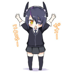 Rule 34 | 10s, 1girl, arms up, catchphrase, eyepatch, fang, headgear, kantai collection, kurono nekomaru, looking at viewer, open mouth, purple hair, short hair, solo, tenryuu (kancolle), thighhighs, yellow eyes, aged down