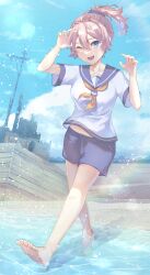 Rule 34 | 1girl, aoba (kancolle), barefoot, beach, blue eyes, blue sailor collar, blue shorts, blush, cloud, cloudy sky, day, hair between eyes, highres, kantai collection, neckerchief, ocean, one eye closed, open mouth, outdoors, pink hair, ponytail, sailor collar, shikajima shika, short hair, short sleeves, shorts, sky, smile, soles, solo, toes, water, yellow neckerchief