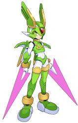 Rule 34 | 1boy, android, armor, boots, crop top, dual wielding, energy sword, facial mark, forehead jewel, full body, green armor, green eyes, green footwear, green helmet, head wings, helmet, highres, holding, holding sword, holding weapon, looking at viewer, male focus, mechanical wings, mega man (series), mega man zero (series), omeehayo, sage harpuia (mega man), simple background, solo, sword, thigh boots, weapon, white background, wings