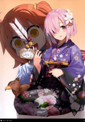 Rule 34 | 2girls, absurdres, animal, arrow (projectile), artbook, banned artist, bird, blush, fate/grand order, fate (series), floral print, flower, fujimaru ritsuka (female), gradient background, hair flower, hair ornament, hair over one eye, hawk, highres, japanese clothes, mash kyrielight, mash kyrielight (grand new year), multiple girls, official alternate costume, orange background, orange hair, page number, parsley-f, pink eyes, pink hair, scan, short hair, sitting, smile, wariza, yellow eyes