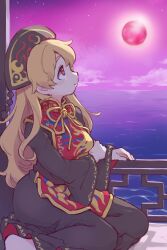 Rule 34 | 1girl, barefoot, black dress, black hat, blonde hair, breasts, closed mouth, cloud, cloudy sky, commentary request, dress, full moon, hat, highres, itatatata, junko (touhou), junko day, long hair, long sleeves, medium breasts, moon, neck ribbon, phoenix crown, pom pom (clothes), red eyes, red tabard, ribbon, sitting, sky, solo, tabard, touhou, very long hair, wide sleeves, yellow ribbon, yokozuwari