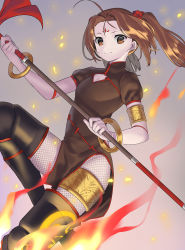 Rule 34 | 1girl, absurdres, ahoge, boots, brown eyes, brown hair, china dress, chinese clothes, dress, facial mark, fate/grand order, fate (series), fire, fishnet pantyhose, fishnets, flying, forehead mark, highres, kaerude123, nezha (fate), pantyhose, polearm, scrunchie, smile, solo, spear, thigh boots, thighhighs, twintails, weapon