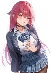Rule 34 | 1girl, absurdres, blazer, bow, bowtie, breasts, brown pantyhose, choker, cleavage, collarbone, collared shirt, grin, hair down, heterochromia, highres, holika baby, hololive, houshou marine, houshou marine (school uniform), jacket, large breasts, long hair, miniskirt, official alternate costume, official alternate hairstyle, pantyhose, partially unbuttoned, plaid, plaid bow, plaid bowtie, plaid skirt, red eyes, red hair, shirt, shirt tucked in, simple background, skirt, smile, solo, virtual youtuber, white background, white shirt, yellow eyes
