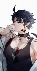 Rule 34 | 1boy, absurdres, animal, arknights, bishounen, black hair, black shirt, cat, closed eyes, eyebrows hidden by hair, eyewear hang, flamebringer (arknights), flamebringer (casual vacation) (arknights), highres, horns, infection monitor (arknights), jewelry, kiss, kissing animal, male focus, material growth, necklace, oripathy lesion (arknights), pointy ears, rashly, ring, shirt, simple background, solo, sunglasses, tank top, toned, toned male, unworn eyewear, upper body, white background, white cat