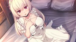 Rule 34 | 1girl, bed, blonde hair, blush, breasts, collarbone, dress, eyebrows, game cg, hand on own chest, highres, indoors, large breasts, long hair, looking at viewer, meishia, no shoes, parted lips, pillow, red eyes, ryakudatsusha no inen, sakyuuan, sitting, socks, solo, white dress
