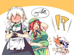 Rule 34 | !?, 3girls, apron, bad id, bad pixiv id, bat wings, beret, bird, blue hair, blush, braid, breasts, cup, hand on own head, hat, hong meiling, izayoi sakuya, large breasts, long hair, maid, maid apron, maid headdress, multiple girls, open mouth, plump, pregnant, puffy sleeves, remilia scarlet, sewa, short hair, silver hair, smile, spit take, spitting, star (symbol), stork, sweat, sweatdrop, teacup, touhou, twin braids, uccow, wavy mouth, wings