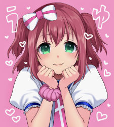 Rule 34 | 1girl, aqua eyes, artist name, artist request, blush, bow, earrings, female focus, green eyes, hair bow, jewelry, kurosawa ruby, love live!, love live! sunshine!!, miyamoto rizu, parted lips, pink background, pink neckwear, pink scrunchie, puffy short sleeves, puffy sleeves, red hair, scrunchie, short hair, short sleeves, smile, solo, two side up, white bow, wrist scrunchie