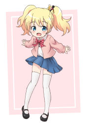 Rule 34 | 1girl, alice cartelet, black footwear, blonde hair, blue eyes, blue skirt, cardigan, full body, hair ornament, highres, kin-iro mosaic, kumaji (kumazidayo), leaning forward, long hair, mary janes, miniskirt, open mouth, outstretched arms, pink cardigan, school uniform, shirt, shoes, simple background, skirt, smile, solo, thighhighs, twintails, white background, white shirt, white thighhighs