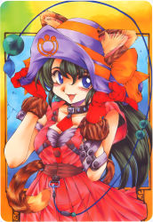 Rule 34 | 1girl, animal ears, black hair, blue eyes, blush, bow, breasts, cat ears, cat tail, cleavage, collar, dress, ears through headwear, fangs, gloves, hat, hat bow, inoue sora, large breasts, long hair, open mouth, original, red dress, red gloves, ribbon, solo, studded collar, sun hat, tail