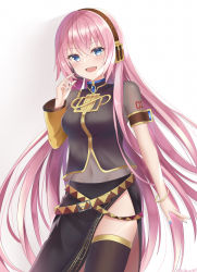 Rule 34 | 1girl, absurdres, armband, belt, black shirt, black skirt, black thighhighs, blue eyes, blue nails, bracelet, commentary, cowboy shot, detached sleeves, gold trim, headphones, headset, highres, jewelry, long hair, looking at viewer, megurine luka, midriff, nail polish, navel, noneon319, open mouth, piano print, pink hair, see-through, shirt, shoulder tattoo, side slit, single detached sleeve, skirt, smile, solo, standing, tattoo, thighhighs, twitter username, very long hair, vocaloid, white background, yellow sleeves