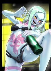 Rule 34 | 1girl, absurdres, artificial eye, bare shoulders, black bra, black panties, bottle, bra, breasts, collarbone, colored sclera, colored skin, cyberpunk (series), cyberpunk edgerunners, drunk, forehead, green hair, highres, leg tattoo, long hair, looking at viewer, mechanical eye, navel, neck tattoo, open mouth, panties, parted bangs, rebecca (cyberpunk), red eyes, red sclera, small breasts, smile, solo, stomach tattoo, tattoo, thighs, underwear, white skin, wine bottle, yaruku