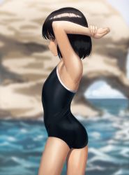 Rule 34 | 1girl, armpits, arms up, ass, beach, black hair, blue one-piece swimsuit, blurry, blurry background, brown eyes, closed mouth, commentary request, competition school swimsuit, day, depth of field, flat chest, from behind, highres, looking at viewer, looking back, one-piece swimsuit, original, outdoors, ranma (kamenrideroz), school swimsuit, shiny skin, short hair, solo, standing, swimsuit, water, wet