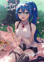 Rule 34 | 1girl, alyssa (specktech), bare shoulders, blanket, blue eyes, blue hair, blush, boots, breasts, chopsticks, collarbone, commentary, commission, english commentary, english text, falling petals, food, food request, gem, grass, hair between eyes, hair intakes, hairband, halterneck, highres, holding, holding chopsticks, incoming food, jewelry, large breasts, leg strap, long hair, navel, necklace, omelet, onigiri, open mouth, original, petals, phantasy star, phantasy star online 2, picnic, picnic basket, ponytail, risutora desu, short shorts, shorts, signature, single thigh boot, sitting, skeb commission, solo, thigh boots, thigh strap, thighhighs, tree, twitter username