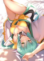 Rule 34 | 1girl, absurdres, aqua hair, bikini, breasts, cleavage, fate/grand order, fate (series), halterneck, highres, horns, japanese clothes, kimono, kiyohime (fate), kiyohime (fate/grand order), kiyohime (swimsuit lancer) (fate), kiyohime (swimsuit lancer) (first ascension) (fate), knees up, large breasts, long hair, looking at viewer, lying, maosame, navel, on back, smile, solo, swimsuit, yellow bikini, yellow eyes