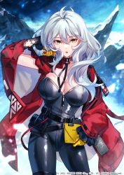 Rule 34 | 1girl, belt, breasts, deep insanity, gloves, hair between eyes, highres, jacket, large breasts, long hair, mole, mole on breast, mountainous horizon, open clothes, open jacket, outdoors, solo, tight clothes, white hair, yaki mayu, yellow eyes, zipper pull tab