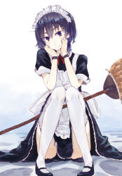 Rule 34 | 1girl, apron, black hair, broom, hands on own cheeks, hands on own face, hrd, knees together feet apart, maid, maid apron, maid headdress, mary janes, original, shoes, short hair, sitting, smile, solo, thighhighs, white thighhighs