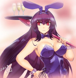 Rule 34 | 1girl, animal ears, artist name, bow, bowtie, breasts, champagne flute, cleavage, commentary request, cup, dated, drinking glass, fake animal ears, fate/grand order, fate (series), flower, hair between eyes, hairband, hand on own hip, hisahiko, holding, holding polearm, holding spear, holding weapon, large breasts, leotard, long hair, looking at viewer, official alternate costume, over shoulder, playboy bunny, polearm, purple bow, purple hair, rabbit ears, red eyes, rose, scathach (fate), scathach (piercing bunny) (fate), solo, spear, tray, upper body, weapon, weapon over shoulder, wrist cuffs