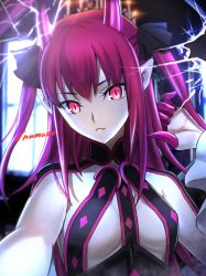 Rule 34 | 10s, 1girl, absurdres, aora, bad id, bad twitter id, breasts, broken glass, dragon horns, elizabeth bathory (fate), elizabeth bathory (fate/extra ccc), elizabeth bathory (first ascension) (fate), fate/extra, fate/extra ccc, fate (series), glass, highres, horns, long hair, looking at viewer, parted lips, pink eyes, pointy ears, purple hair, small breasts, solo, two side up