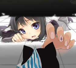 Rule 34 | 10s, 1girl, akemi homura, amy (madoka magica), black hair, blue eyes, cat, face, fingernails, fkey, foreshortening, hairband, magical girl, mahou shoujo madoka magica, mahou shoujo madoka magica (anime), nail art, open mouth, outstretched arm, panties, pantyhose, purple eyes, reaching, signature, solo, striped clothes, striped panties, tile floor, tiles, underwear