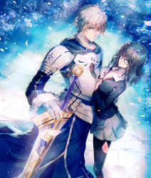 Rule 34 | 1boy, 1girl, armor, arthur pendragon (fate), black pantyhose, blonde hair, blue eyes, breastplate, brown hair, closed mouth, commentary request, excalibur (fate/prototype), fate/prototype, fate (series), flower, gauntlets, glasses, green eyes, hood, light rays, looking at viewer, miniskirt, nakiha, pantyhose, pauldrons, petals, planted, planted sword, planted weapon, pleated skirt, sajou ayaka (fate/prototype), school uniform, sheath, sheathed, short hair, shoulder armor, skirt, sunbeam, sunlight, sword, weapon