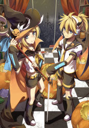 Rule 34 | 1boy, 1girl, blonde hair, blue eyes, brother and sister, cross akiha, detached sleeves, hat, highres, horns, jack-o&#039;-lantern, kagamine len, kagamine rin, short hair, siblings, sword, tail, twins, vocaloid, weapon, wings, witch hat