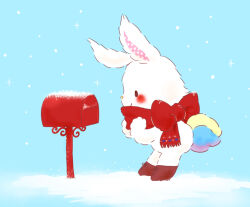 Rule 34 | 1girl, animal ears, blue background, blush, bow, commentary request, from side, full body, furry, furry female, mailbox (incoming mail), outdoors, rabbit ears, rabbit girl, rabbit tail, red footwear, red scarf, sanrio, scarf, shoes, smile, snow, snowing, solo, standing, t.p. (ut10hhem10), tail, white fur, wish me mell