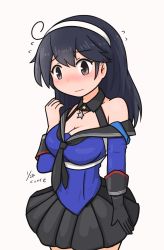 Rule 34 | 1girl, ahoge, black gloves, black hair, black skirt, blue shirt, breasts, brown eyes, cleavage, closed mouth, cosplay, curse (023), embarrassed, gloves, hairband, johnston (kancolle) (cosplay), johnston (kancolle), kantai collection, long hair, looking down, medium breasts, off shoulder, pleated skirt, sailor collar, shirt, simple background, single glove, skirt, solo, trait connection, ushio (kancolle), wavy mouth, white background, white hairband