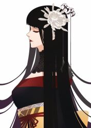 Rule 34 | 1girl, bad id, bad twitter id, bat hair ornament, black collar, black hair, black kimono, chinese commentary, collar, commentary request, expressionless, final fantasy, final fantasy xiv, flower, from side, hair flower, hair ornament, half-closed eyes, hyur, japanese clothes, kimono, lace collar, long hair, mole, mole under mouth, obi, obiage, obijime, profile, red lips, red trim, sash, sideways glance, simple background, solo, straight hair, white background, white flower, yotsuyu goe brutus, zhaoyang2002