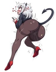 Rule 34 | 1girl, ass, demon tail, female ejaculation, female focus, female orgasm, full body, helltaker, high heels, highres, huge ass, jadf, modeus (helltaker), orgasm, pantyhose, simple background, solo, tail, thick thighs, thighs, wide hips
