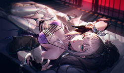 Rule 34 | 1girl, aqua eyes, bai yi (path to nowhere), baiyi (wuqi mitu), bare shoulders, bikini, bikini top only, black choker, black gloves, black hair, black jacket, blunt bangs, braid, breasts, calder, choker, cleavage, clothing cutout, collarbone, cuffs, feet out of frame, fingerless gloves, fingernails, glint, gloves, grey hair, grey pants, handcuffs, highres, jacket, large breasts, lipstick, long fingernails, long hair, looking at viewer, lying, makeup, multicolored hair, nail polish, navel, off shoulder, on back, on bed, open clothes, open jacket, pants, parted lips, path to nowhere, pillow, ponytail, prison cell, purple bikini, purple nails, solo, swimsuit, thigh cutout, thigh gap, tight clothes, tight pants, two-tone hair, unzipped, very long hair