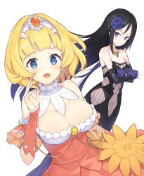 Rule 34 | 2girls, :d, absurdres, bare shoulders, black dress, black gloves, black hair, blonde hair, blue eyes, blue flower, blue rose, blush, breasts, brown dress, brown flower, brown sleeves, cleavage, closed mouth, copyright request, crossed arms, detached sleeves, dress, elbow gloves, flower, gloves, gradient hair, hair flower, hair ornament, hand up, highres, long hair, looking at viewer, medium breasts, multicolored hair, multiple girls, open mouth, parted bangs, purple hair, rose, simple background, sleeves past wrists, small breasts, smile, strapless, strapless dress, tam-u, very long hair, white background