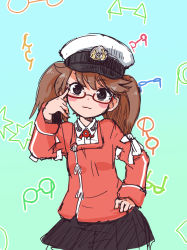 Rule 34 | 10s, 1girl, bad id, bad pixiv id, bespectacled, blush, done (donezumi), glasses, hat, kantai collection, looking at viewer, ryuujou (kancolle), sketch, skirt, smile, solo, twintails