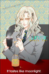 Rule 34 | 10s, 1boy, ad, bad id, bad pixiv id, cup, english text, engrish text, formal, grey hair, hair ornament, hairclip, honey, lips, long hair, male focus, midworld, necktie, pale skin, ranguage, solo, spoon, suit, tea, teacup, tiger &amp; bunny, yuri petrov