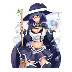 Rule 34 | 1girl, blue eyes, blue hair, bra, breasts, broom, cape, cleavage, crystal ball, dmm, glasses, hat, large breasts, legs, looking at viewer, matching hair/eyes, midriff, navel, quiz of valkyrie, risana, short hair, simple background, skirt, smile, solo, standing, thighs, underwear, white background, witch, witch hat