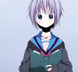 Rule 34 | 00s, 1girl, :|, bad id, bad pixiv id, blue background, blue eyes, blush, book, bow, cardigan, closed mouth, collarbone, holding, holding book, long sleeves, looking at viewer, nagato yuki, open book, open cardigan, open clothes, pink bow, purple hair, ren (zero second), school uniform, serafuku, short hair, simple background, solo, suzumiya haruhi no yuuutsu, upper body